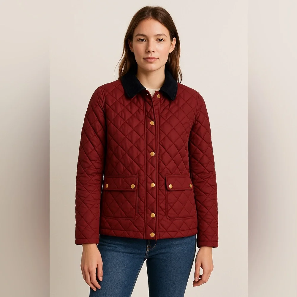 J.Crew Quilted Down Barn Jacket Corduroy Collar Wine Red Field Coat Woman’s S - Picture 1 of 12